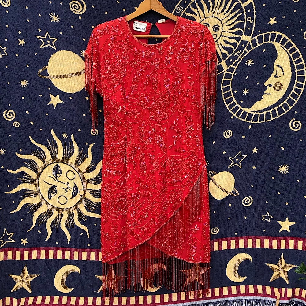VTG | Vermilion Beaded Fringe Silk Dress from Oh! Johnny